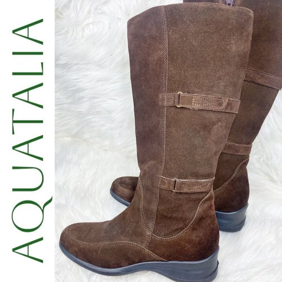 AQUATALIA SUEDE LEATHER KNEE BOOTS LOW WEDGE CHOCOLATE BROWN, Size 38 - Picture 9 of 14